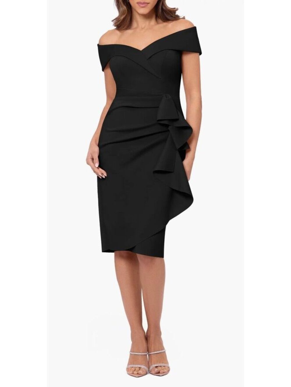 Xscape Black Ruffle Off the Shoulder Scuba Knit Cocktail Dress Petite